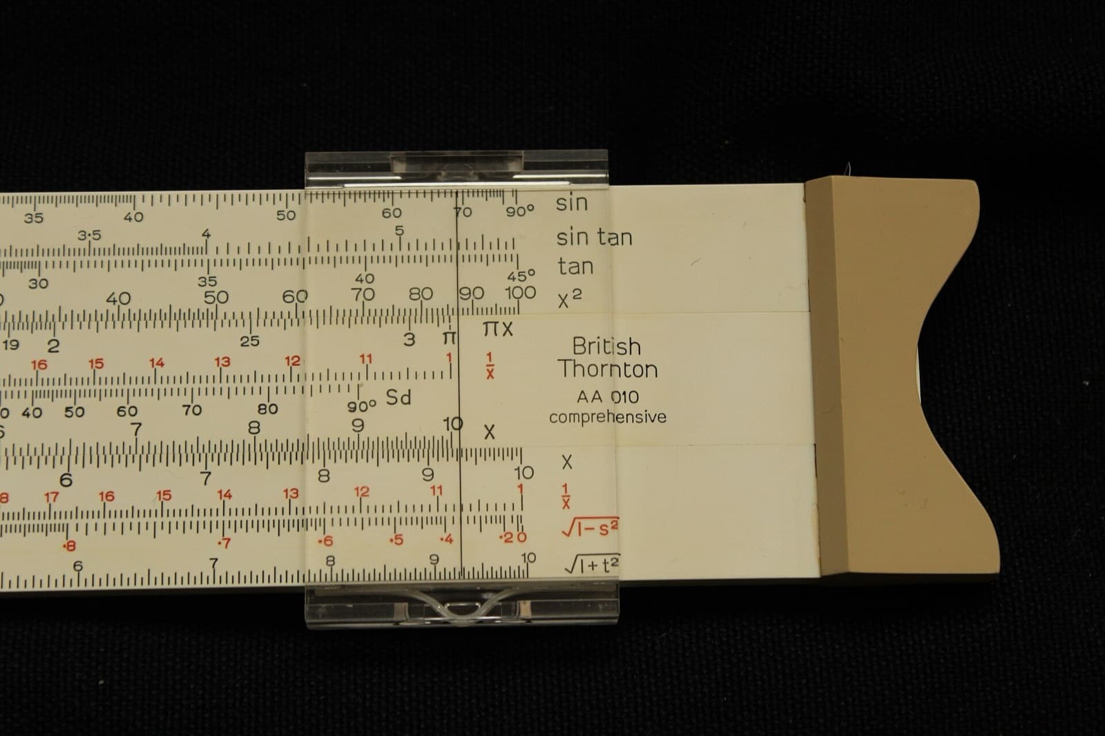 Close-up of a slide rule cursor