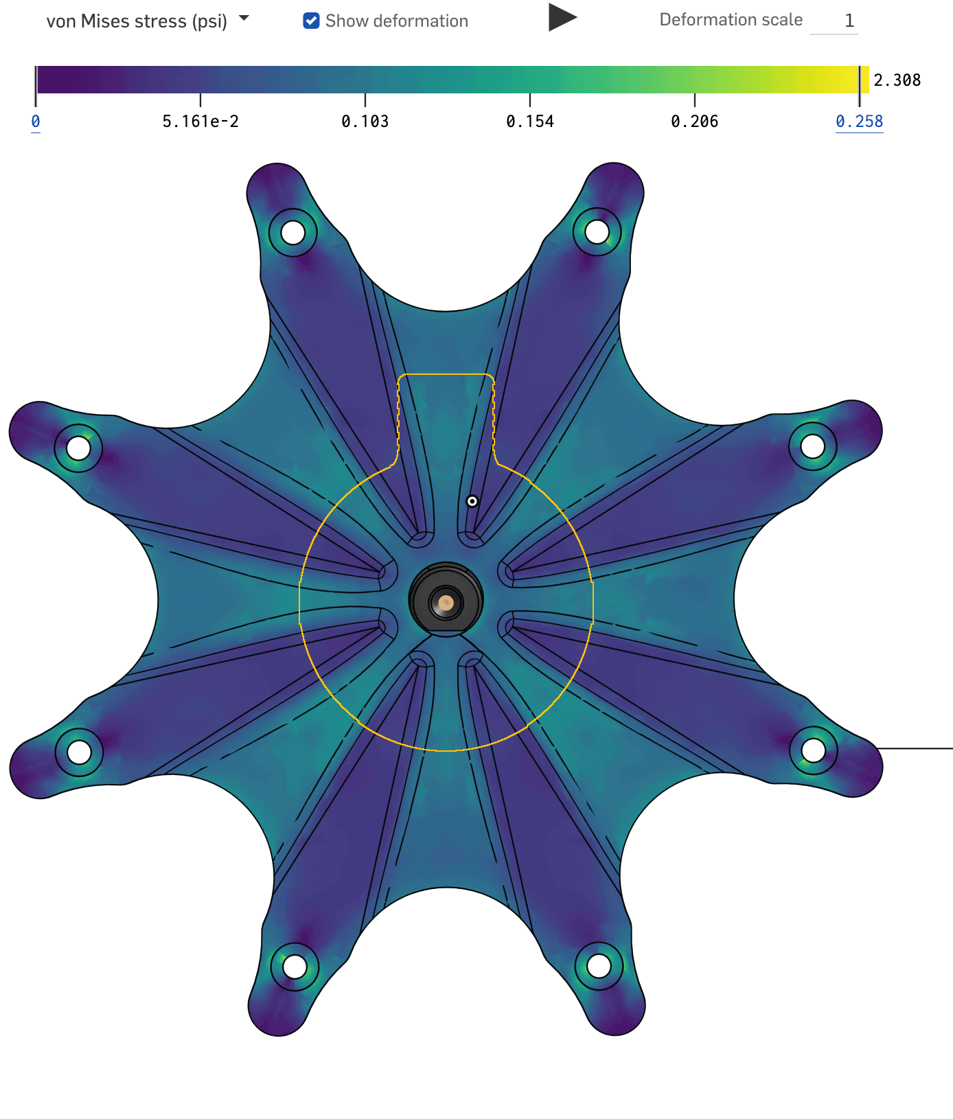 Preliminary Onshape von Mises stress plot of the flywheel